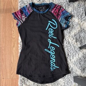 Reel Legends Women's Black Tee with Multicolor Sleeves